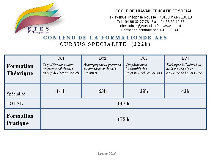 ECOLE DE TRAVAIL EDUCATIF ET SOCIAL 17 avenue Théophile Roussel 48100 MARVEJOLS Tél :