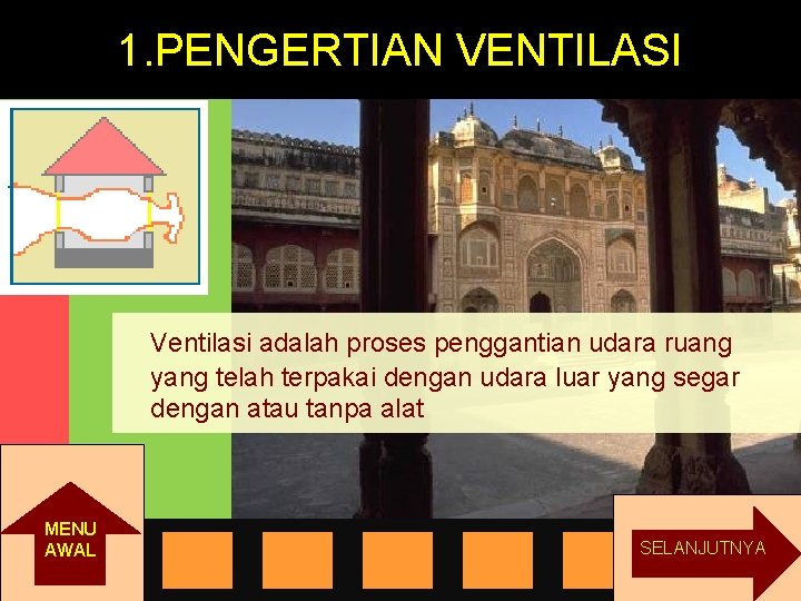 1. PENGERTIAN VENTILASI Ventilasi adalah proses penggantian udara ruang yang telah terpakai dengan udara