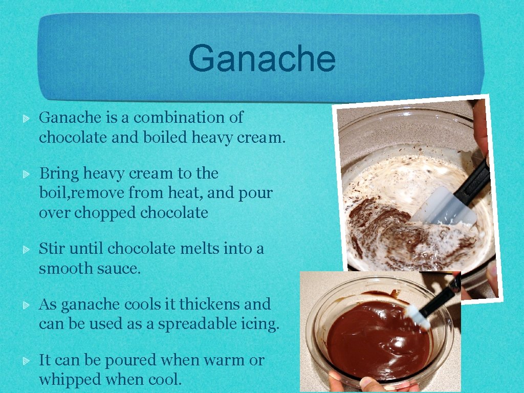Ganache is a combination of chocolate and boiled heavy cream. Bring heavy cream to