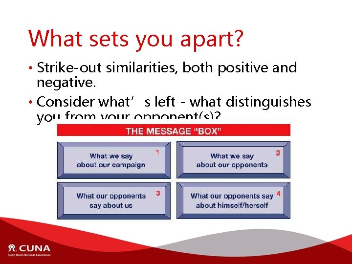 What sets you apart? • Strike-out similarities, both positive and negative. • Consider what’s