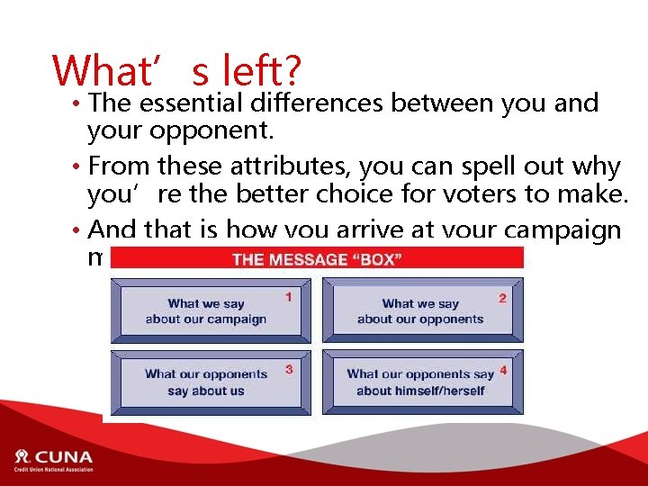 What’s left? • The essential differences between you and your opponent. • From these