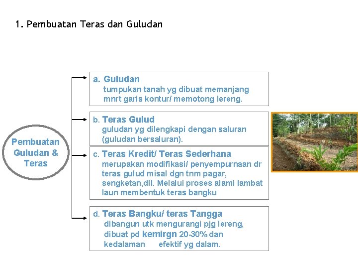 1. Pembuatan Teras dan Guludan a. Guludan tumpukan tanah yg dibuat memanjang mnrt garis