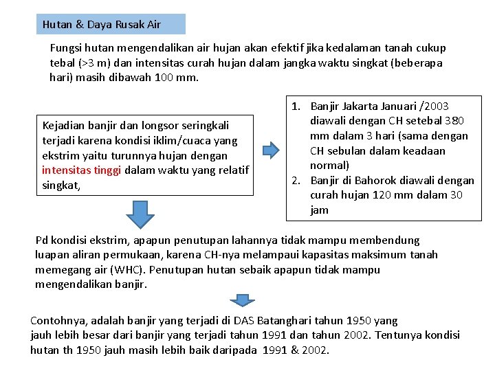 Hutan & Daya Rusak Air Fungsi hutan mengendalikan air hujan akan efektif jika kedalaman