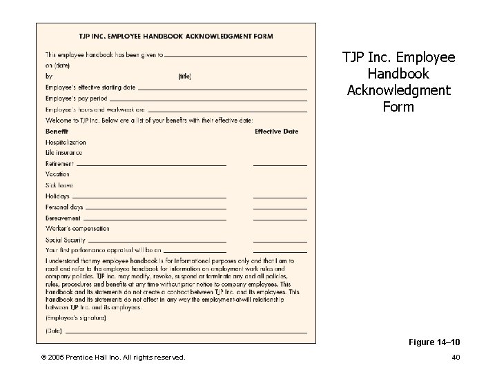 TJP Inc. Employee Handbook Acknowledgment Form Figure 14– 10 © 2005 Prentice Hall Inc.
