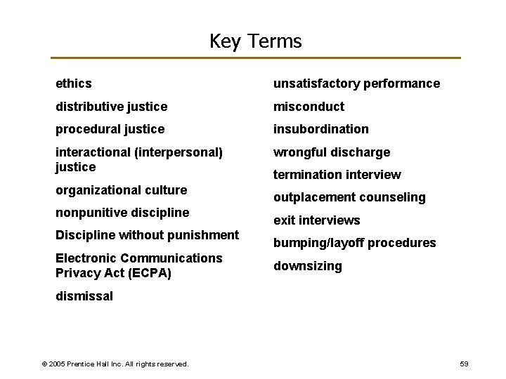 Key Terms ethics unsatisfactory performance distributive justice misconduct procedural justice insubordination interactional (interpersonal) justice