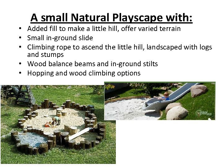 A small Natural Playscape with: • Added fill to make a little hill, offer