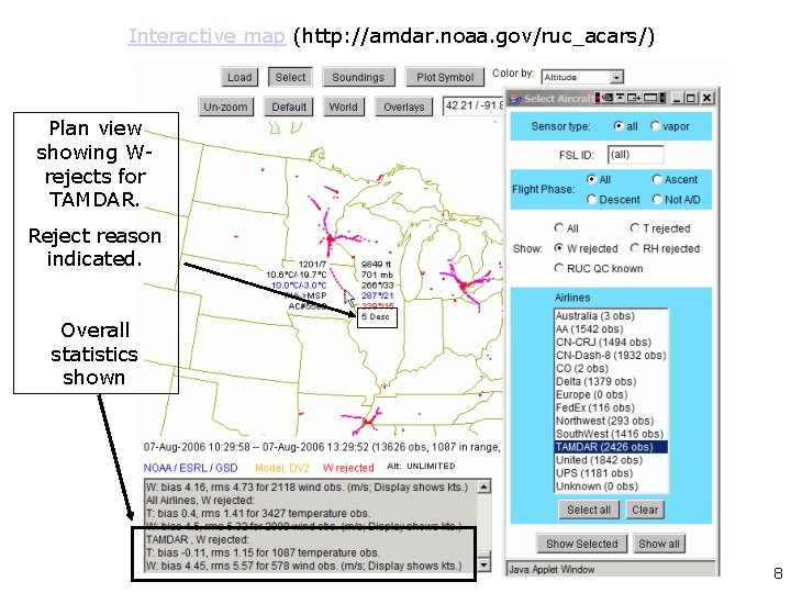 Interactive map (http: //amdar. noaa. gov/ruc_acars/) Plan view showing Wrejects for TAMDAR. Reject reason