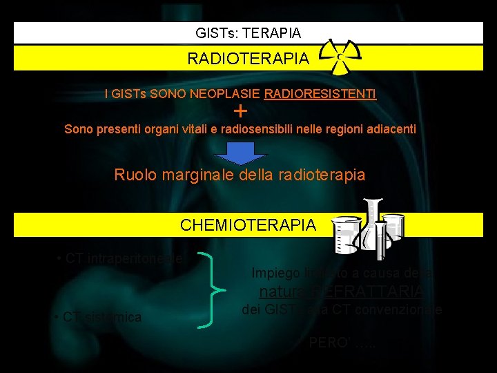 GISTs: TERAPIA RADIOTERAPIA I GISTs SONO NEOPLASIE RADIORESISTENTI + Sono presenti organi vitali e