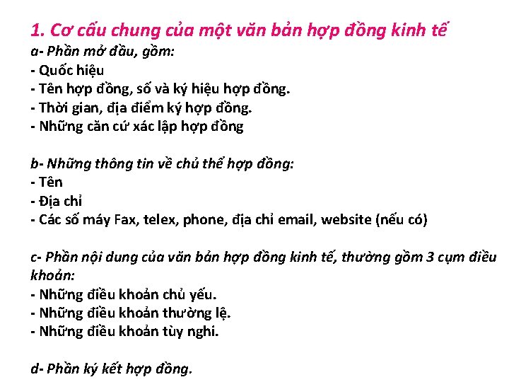 1. Cơ cấu chung của một văn bản hợp đồng kinh tế a- Phần