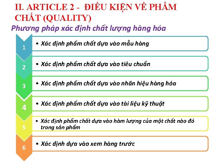 II. ARTICLE 2 - ÐIỀU KIỆN VỀ PHẨM CHẤT (QUALITY) Phương pháp xác định