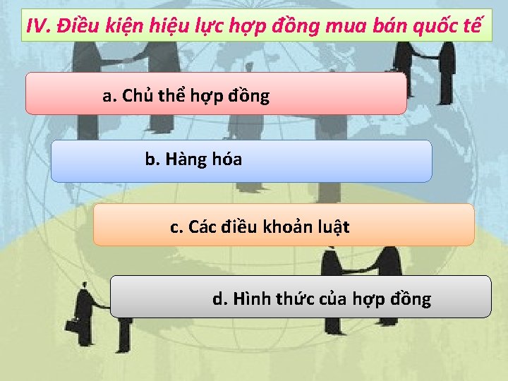 IV. Điều kiện hiệu lực hợp đồng mua bán quốc tế a. Chủ thể