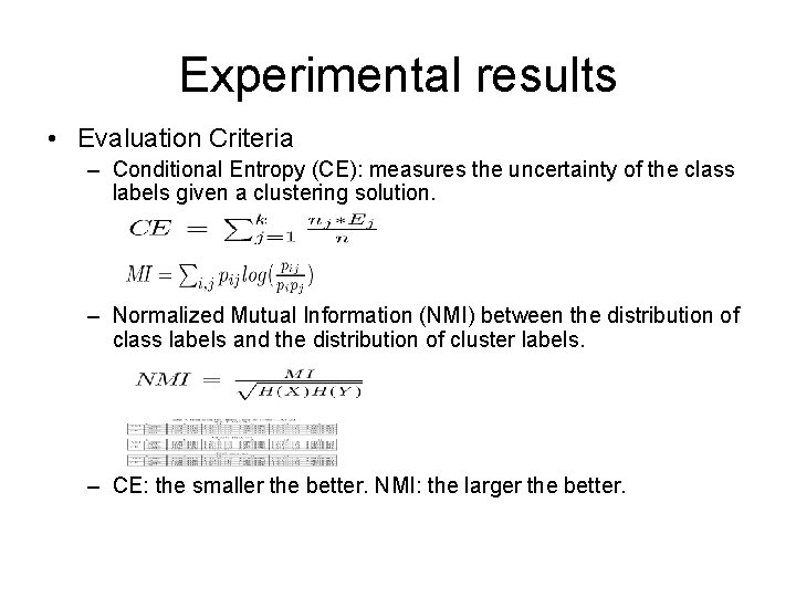 Experimental results • Evaluation Criteria – Conditional Entropy (CE): measures the uncertainty of the