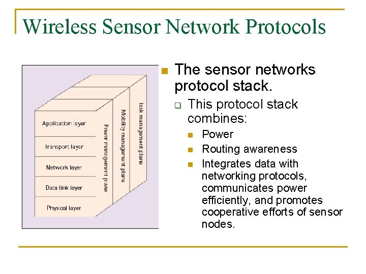 Wireless Sensor Network Protocols n The sensor networks protocol stack. q This protocol stack