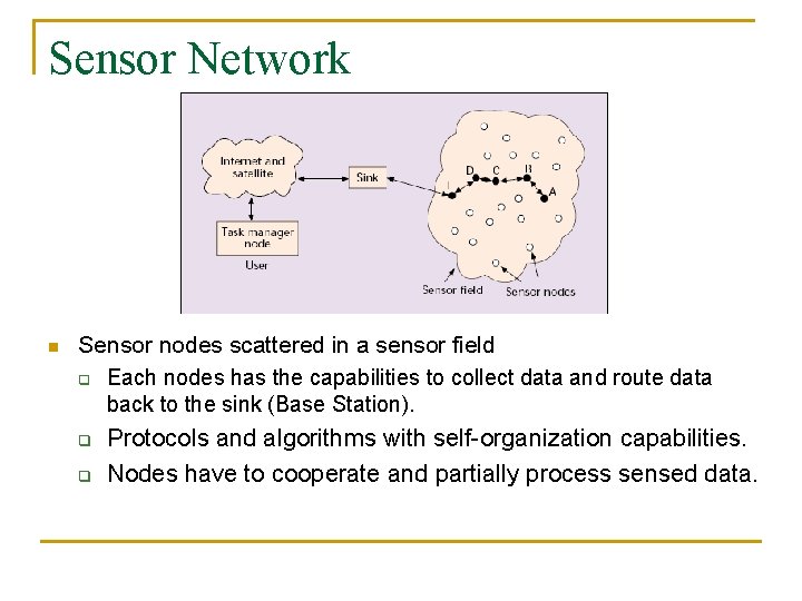 Sensor Network n Sensor nodes scattered in a sensor field q Each nodes has