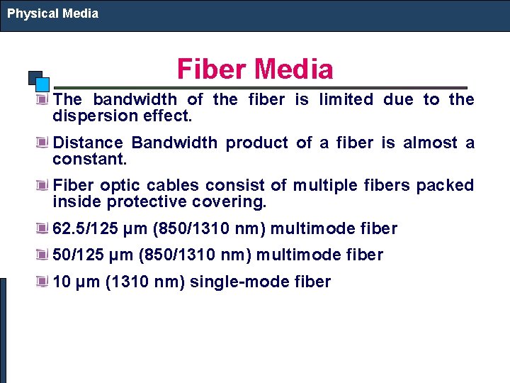Physical Media Fiber Media The bandwidth of the fiber is limited due to the