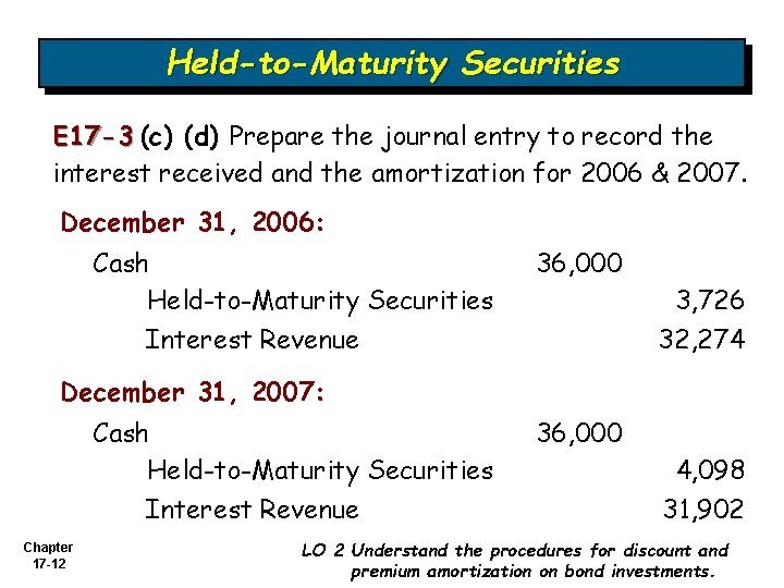 Held-to-Maturity Securities E 17 -3 (c) (d) Prepare the journal entry to record the