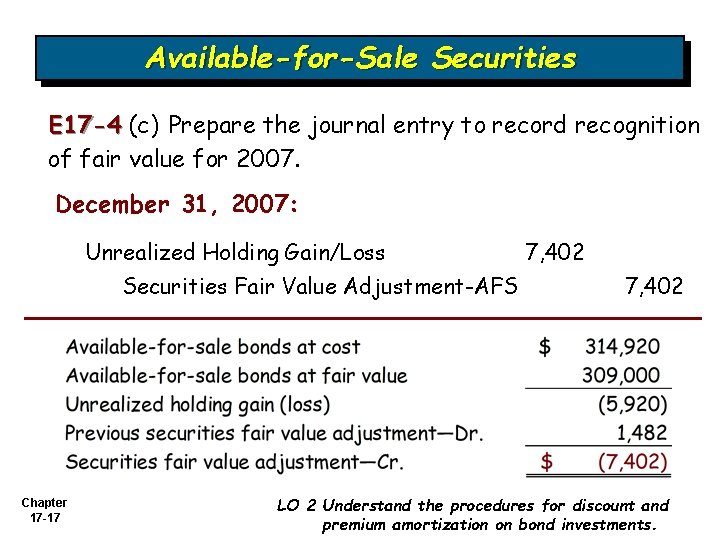 Available-for-Sale Securities E 17 -4 (c) Prepare the journal entry to record recognition of
