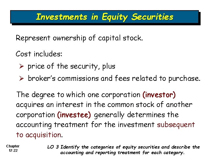 Investments in Equity Securities Represent ownership of capital stock. Cost includes: Ø price of