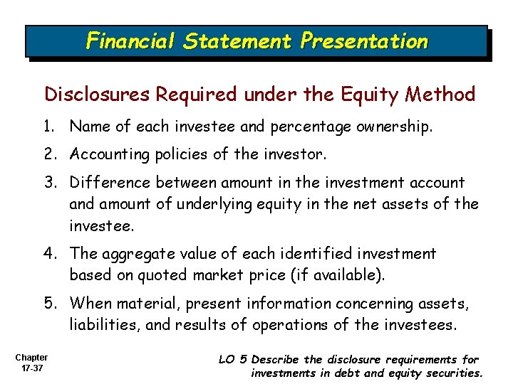 Financial Statement Presentation Disclosures Required under the Equity Method 1. Name of each investee