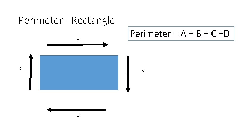 Perimeter - Rectangle A D Perimeter = A + B + C +D B