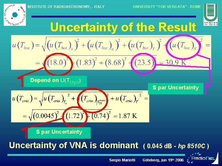 INSTITUTE OF RADIOASTRONOMY, - ITALY UNIVERSITY “TOR VERGATA” - ROME Uncertainty of the Result