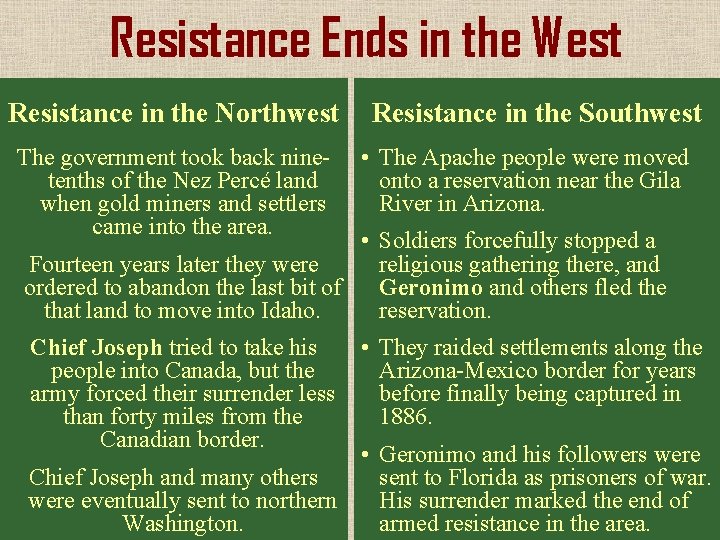 Resistance Ends in the West Resistance in the Northwest The government took back ninetenths