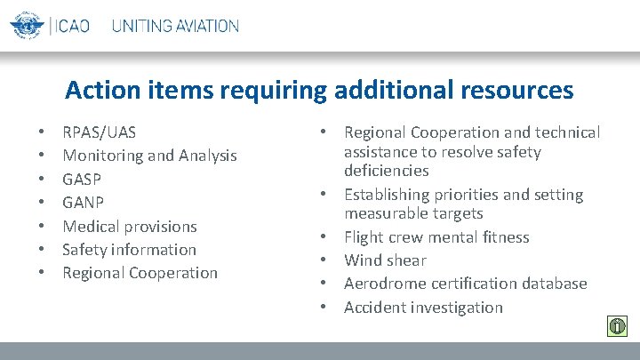 Action items requiring additional resources • • RPAS/UAS Monitoring and Analysis GASP GANP Medical