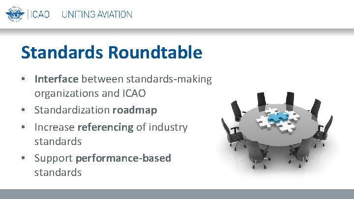 Standards Roundtable • Interface between standards-making organizations and ICAO • Standardization roadmap • Increase