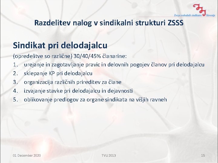 Razdelitev nalog v sindikalni strukturi ZSSS Sindikat pri delodajalcu (opredelitve so različne) 30/40/45% članarine: Razdelitev nalog v sindikalni strukturi ZSSS Sindikat pri delodajalcu (opredelitve so različne) 30/40/45% članarine: