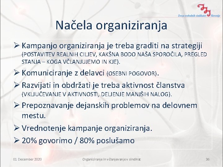 Načela organiziranja Ø Kampanjo organiziranja je treba graditi na strategiji (POSTAVITEV REALNIH CILJEV, KAKŠNA