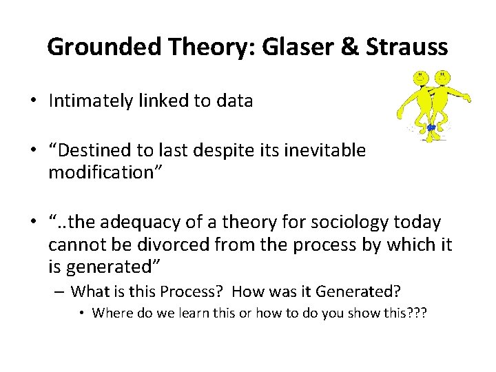 Grounded Theory: Glaser & Strauss • Intimately linked to data • “Destined to last