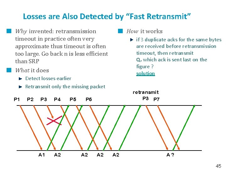 Losses are Also Detected by “Fast Retransmit” Why invented: retransmission timeout in practice often