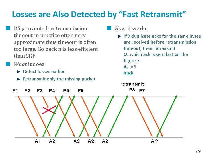 Losses are Also Detected by “Fast Retransmit” Why invented: retransmission timeout in practice often
