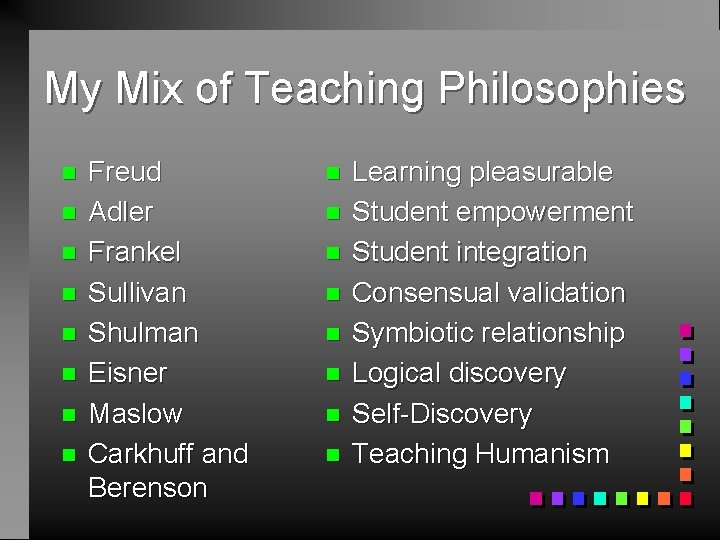 My Mix of Teaching Philosophies n n n n Freud Adler Frankel Sullivan Shulman