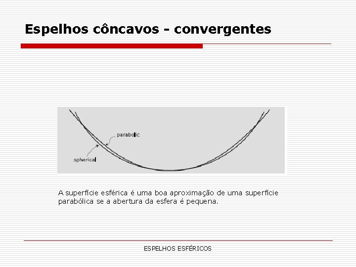 Espelhos côncavos - convergentes A superfície esférica é uma boa aproximação de uma superfície Espelhos côncavos - convergentes A superfície esférica é uma boa aproximação de uma superfície