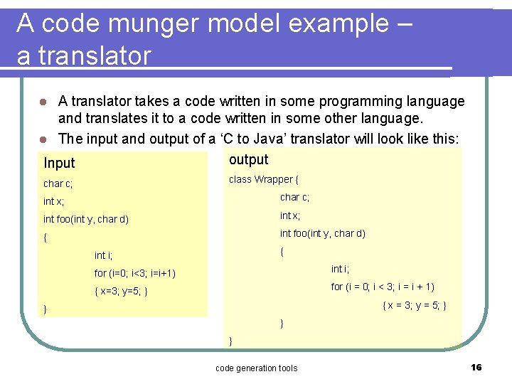 A code munger model example – a translator A translator takes a code written