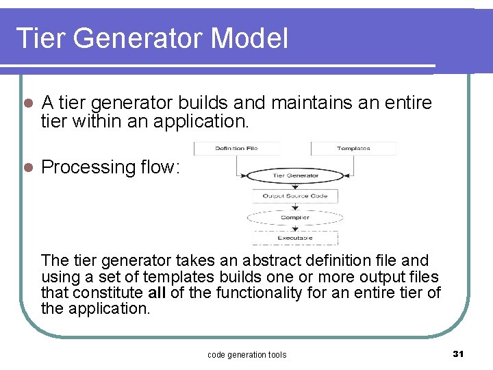 Tier Generator Model l A tier generator builds and maintains an entire tier within