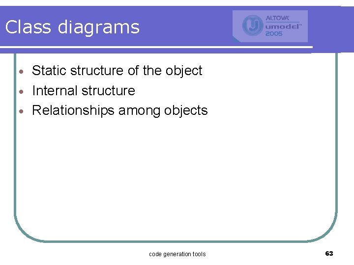 Class diagrams Static structure of the object · Internal structure · Relationships among objects