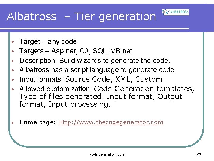 Albatross – Tier generation · · · · Target – any code Targets –