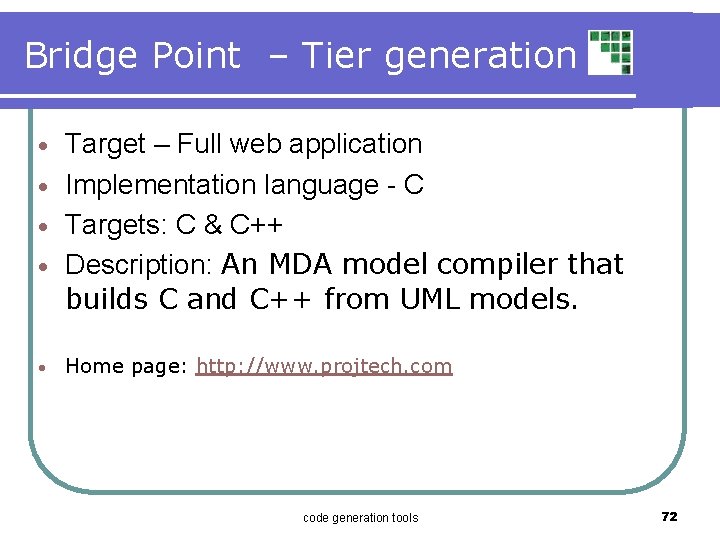 Bridge Point – Tier generation Target – Full web application · Implementation language -