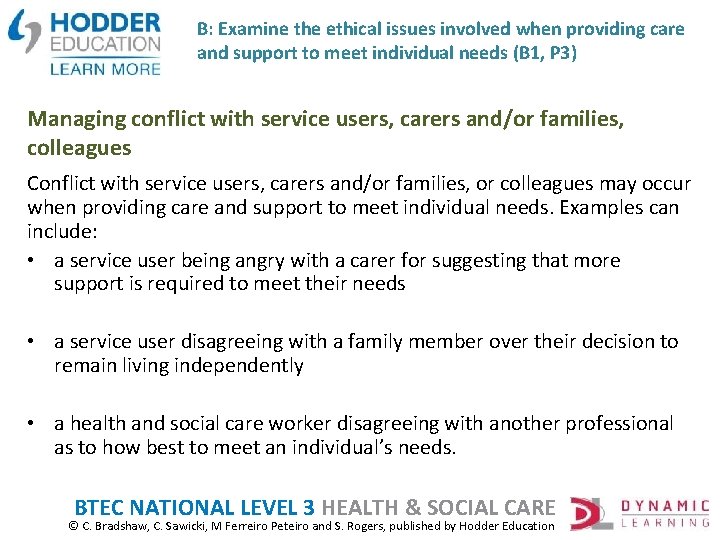 B: Examine the ethical issues involved when providing care and support to meet individual