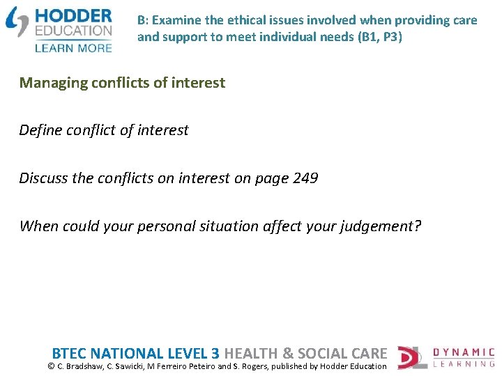 B: Examine the ethical issues involved when providing care and support to meet individual