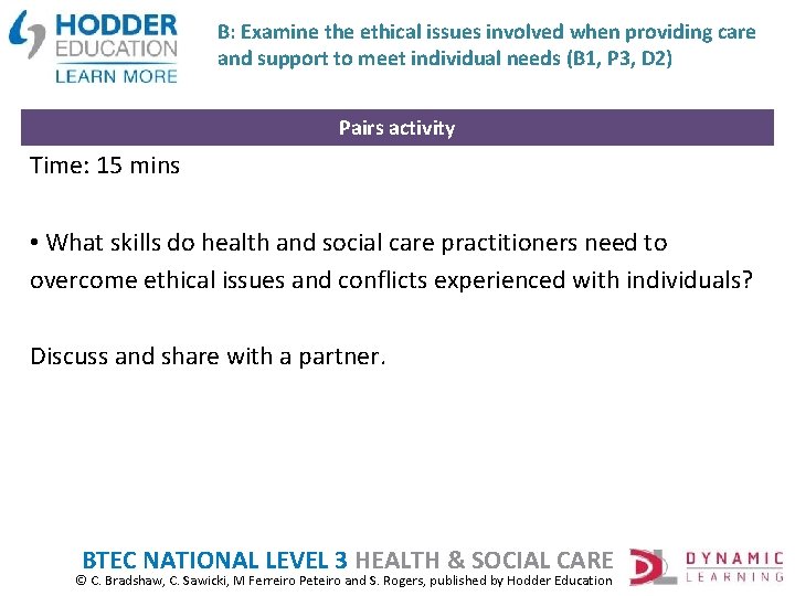 B: Examine the ethical issues involved when providing care and support to meet individual
