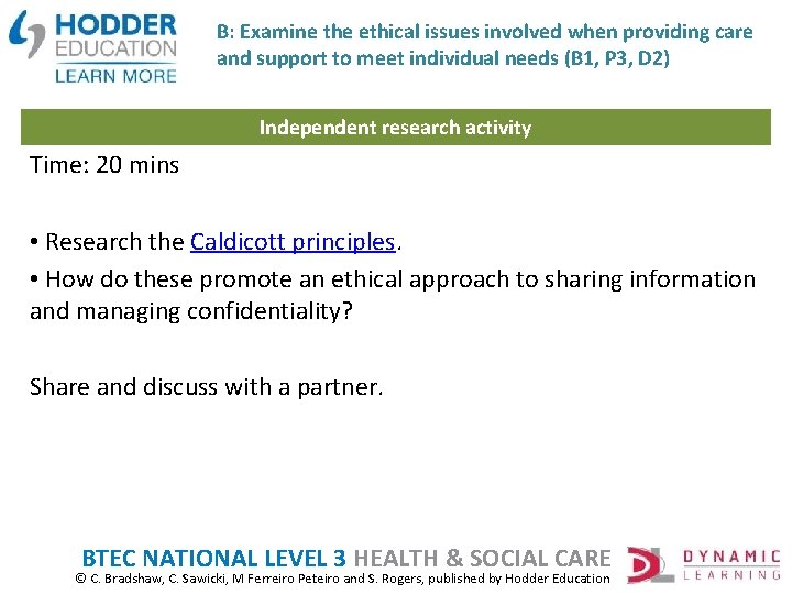 B: Examine the ethical issues involved when providing care and support to meet individual