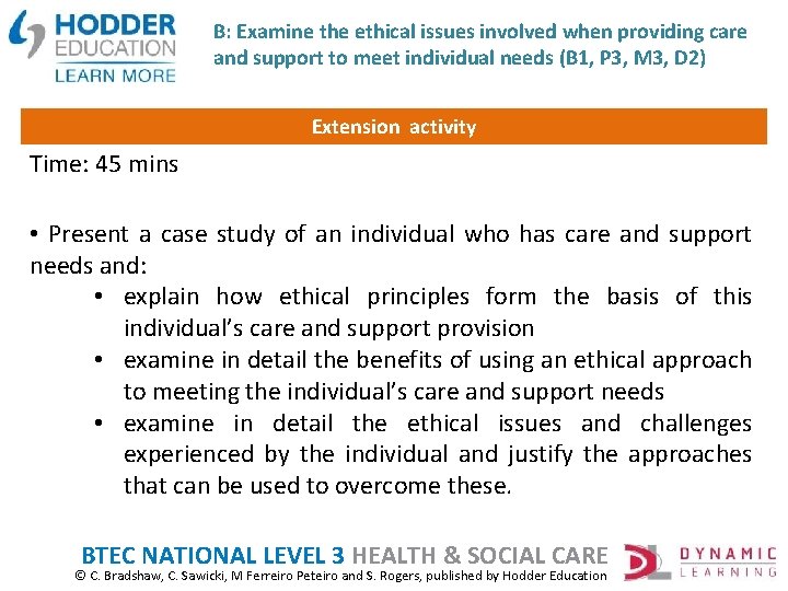 B: Examine the ethical issues involved when providing care and support to meet individual