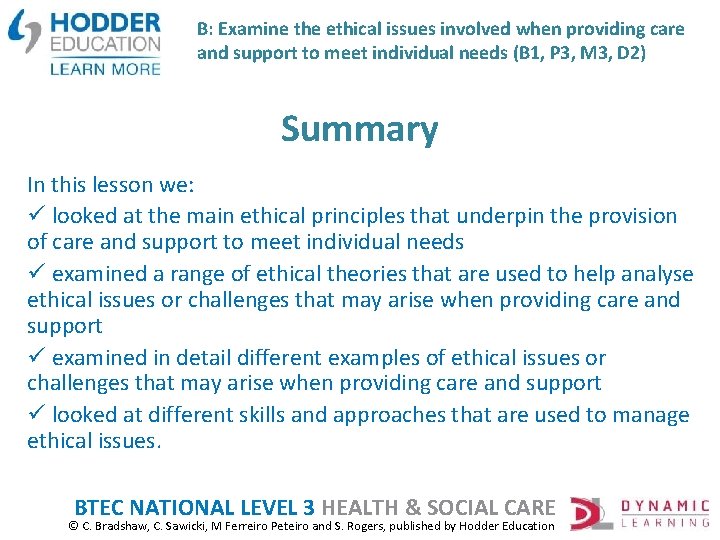 B: Examine the ethical issues involved when providing care and support to meet individual