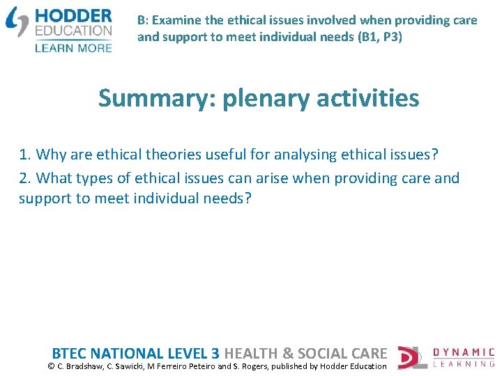 B: Examine the ethical issues involved when providing care and support to meet individual