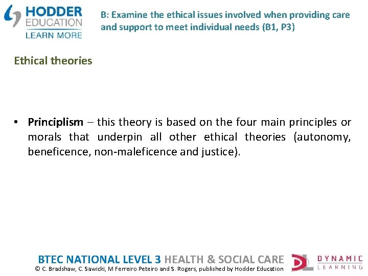 B: Examine the ethical issues involved when providing care and support to meet individual