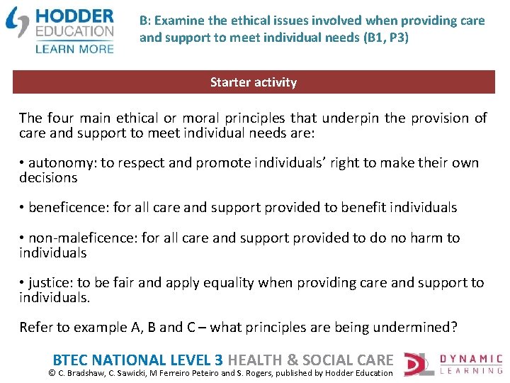 B: Examine the ethical issues involved when providing care and support to meet individual