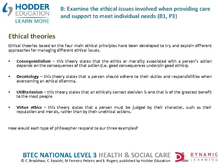 B: Examine the ethical issues involved when providing care and support to meet individual